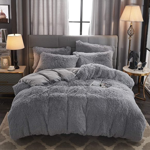 FLASH SALE $90 OFF   SUPER SOFT   Shaggy Fluffy Faux Fur Duvet Cover Set Button - Picture 15 of 15